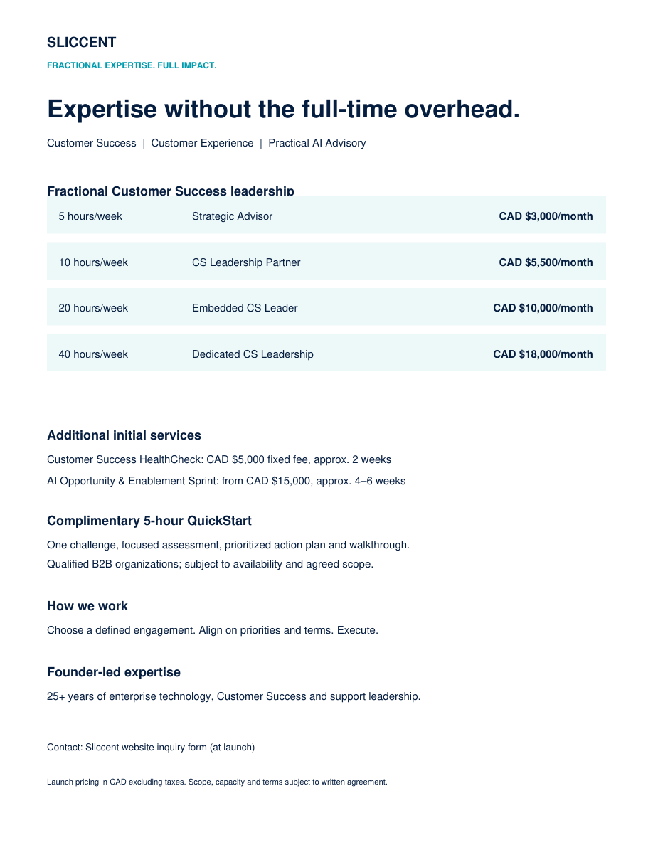 Preview of the actual Sliccent capabilities statement, including published engagement pricing, deliverables and working approach